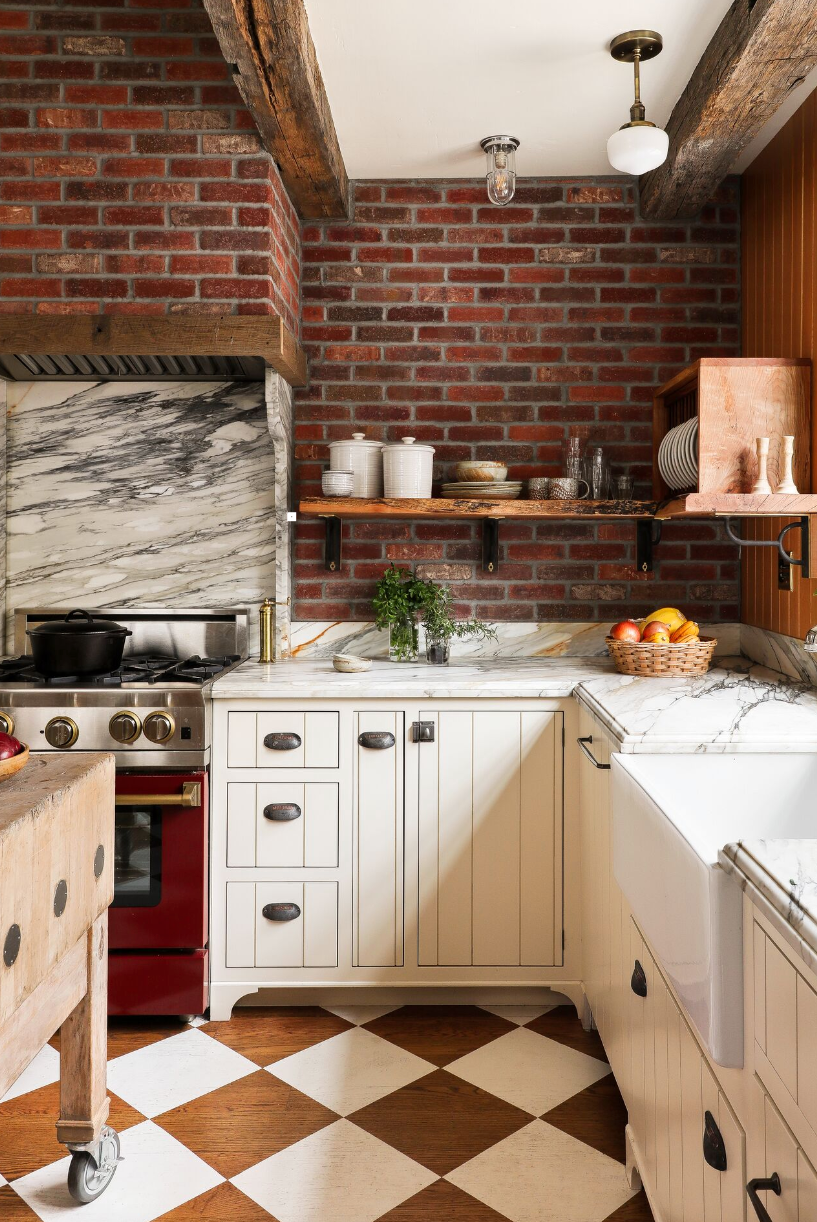 kitchen with faux brick backsplash