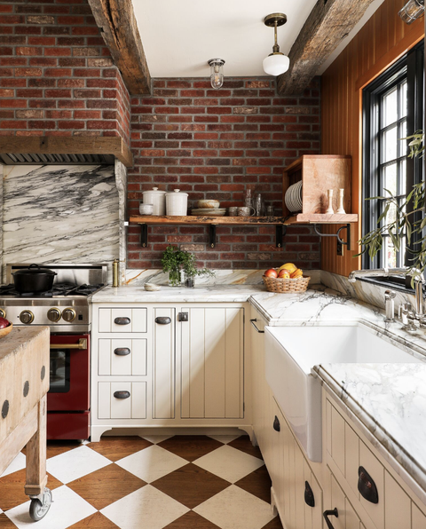 kitchen with faux brick backsplash