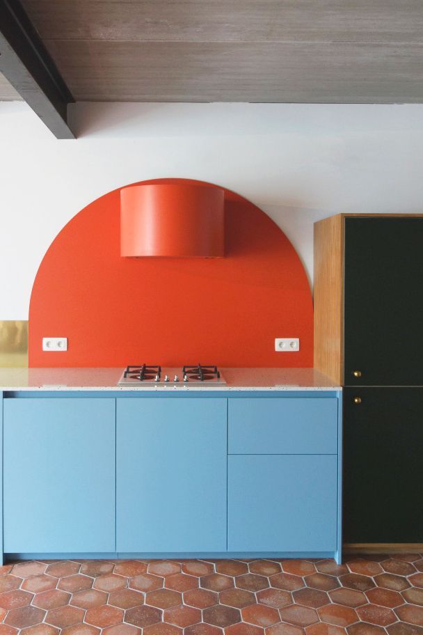 orange and baby blue kitchen