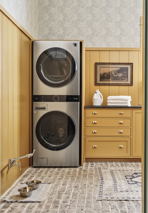 laundry corner with single unit washer dryer appliance lg studio bowl filler elkay