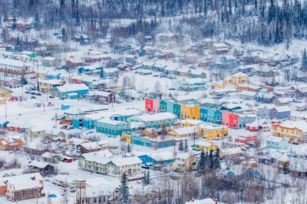 a small mountain town in winter,aerial shot