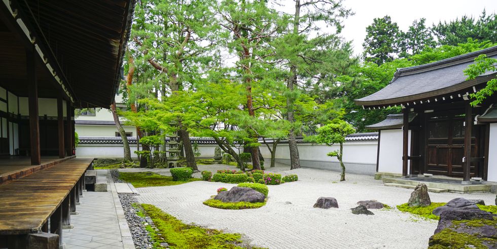Small Zen garden between  Chion-ji temple walls in Kyoto, Japan