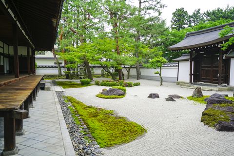 Small Zen garden between Chion-ji temple walls in Kyoto, Japan