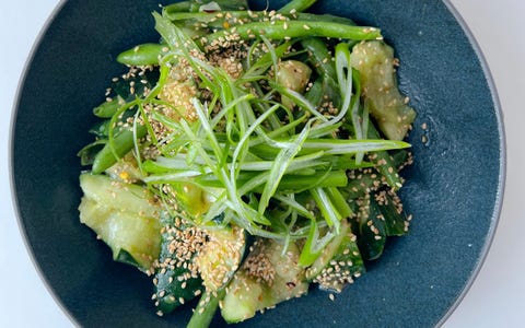 smashed cucumber and green beans salad with gingery miso vinaigrette