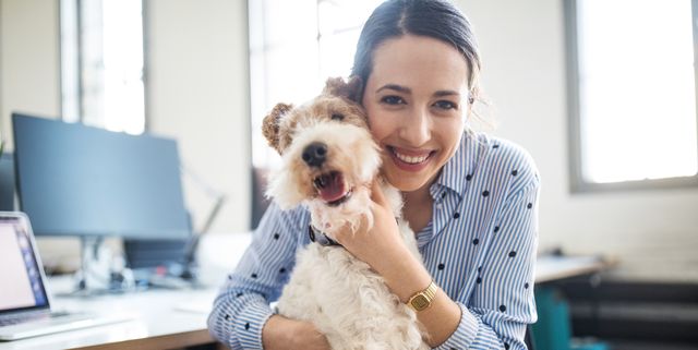 Smiling female entrepreneur sitting with dog