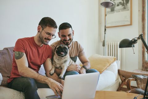 smiling gay couple with pug using laptop at home