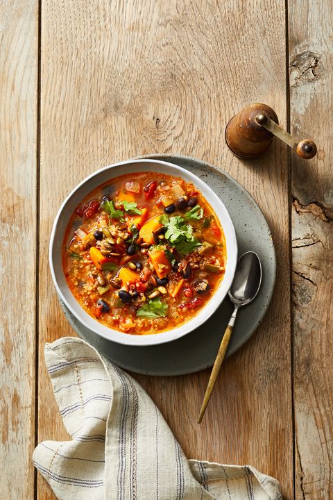black bean and quinoa soup in a bowl