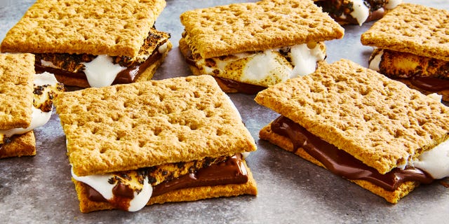 classic s'mores with graham crackers, toasty marshmallows, and melty chocolate