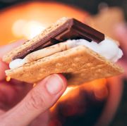 hand holding s'more over fire pit