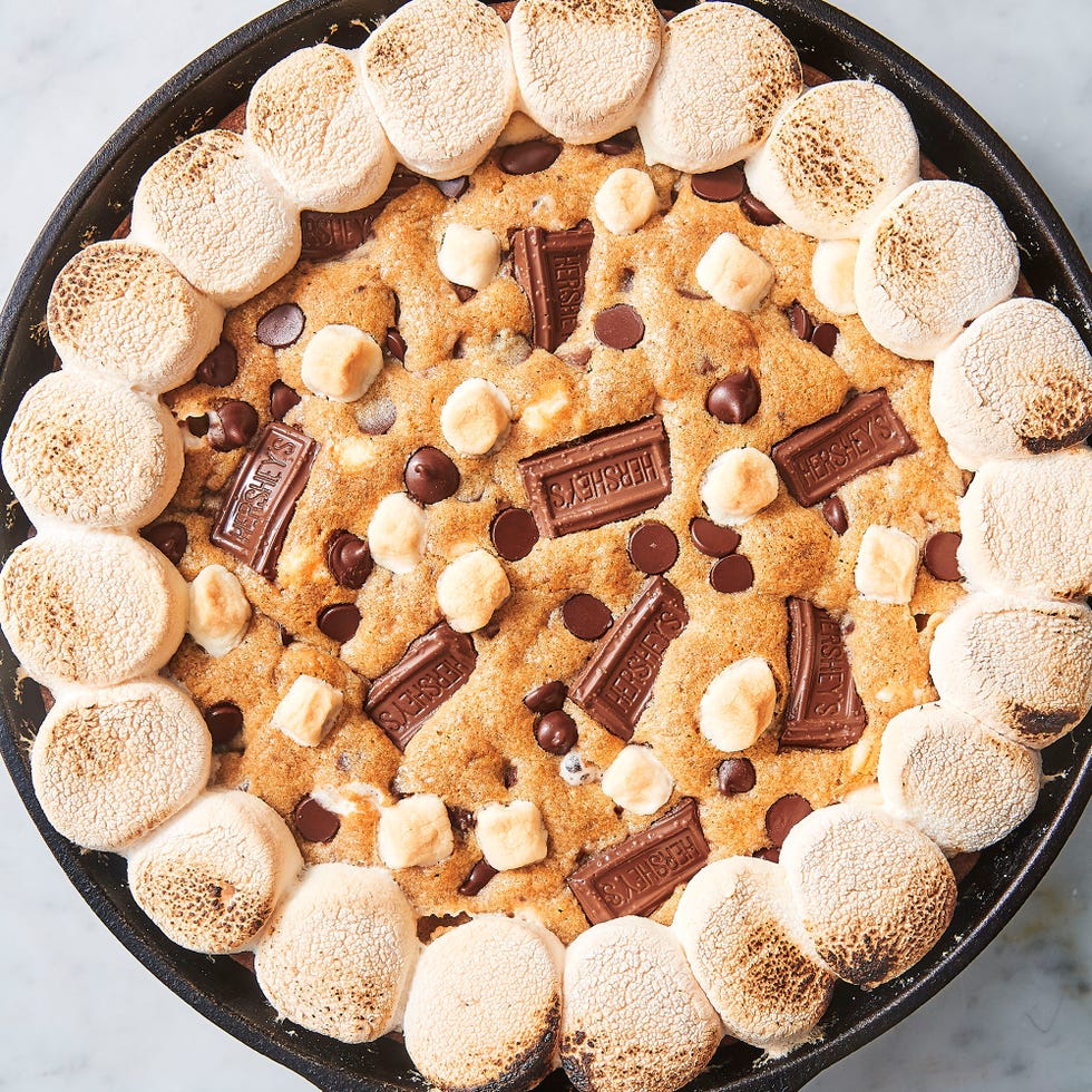 s'mores skillet cookie with hershey bars and marshmallows
