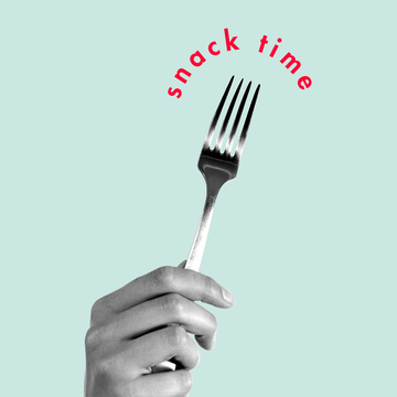 a hand holding a fork on a blue background with the words "snack time" above the fork