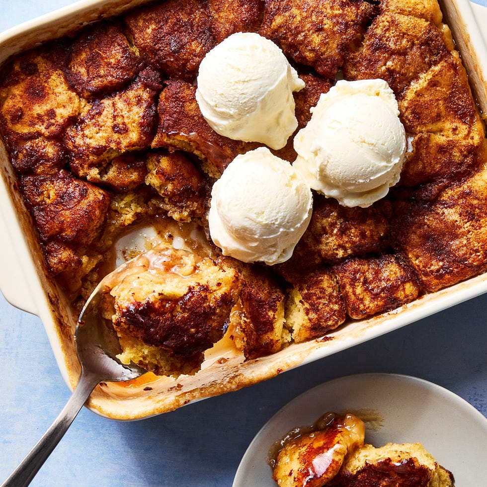 snickerdoodle mixture baked in a dish and topped with vanilla ice cream