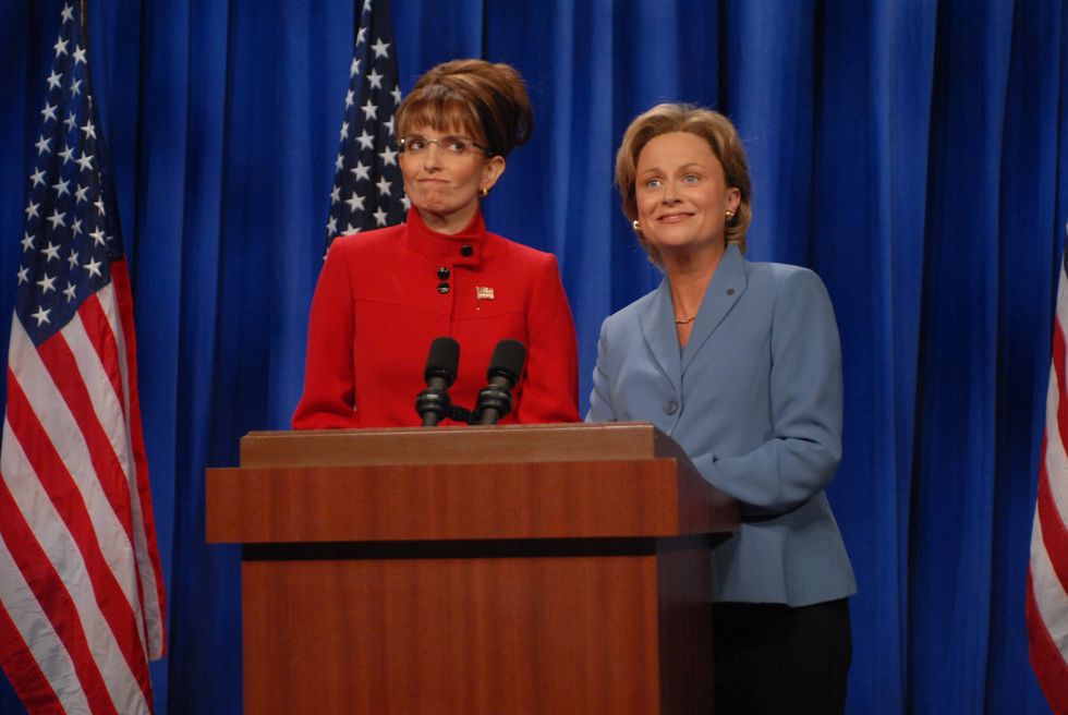 SNL Presidents: Backwoods Bouffant and Golden Hamster join forces. Tina Fey as Governor Sarah Palin and Amy Poehler as Senator Hillary Clinton in 'A Nonpartisan Message From Sarah Palin & Hillary Clinton' skit in 2008.