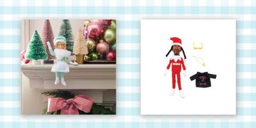 two dolls in festive themes one displayed on a mantel with christmas decorations and another with accessories on a light background