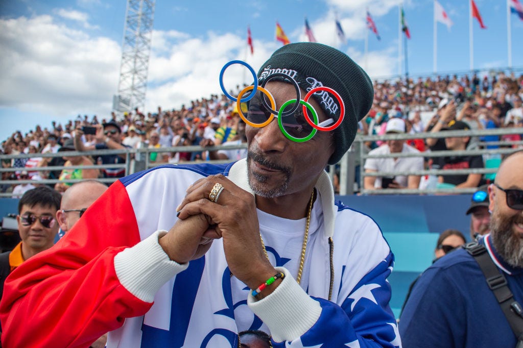 noop dogg cheers and supports athletes during mens park final on day twelve of the olympic games paris 2024