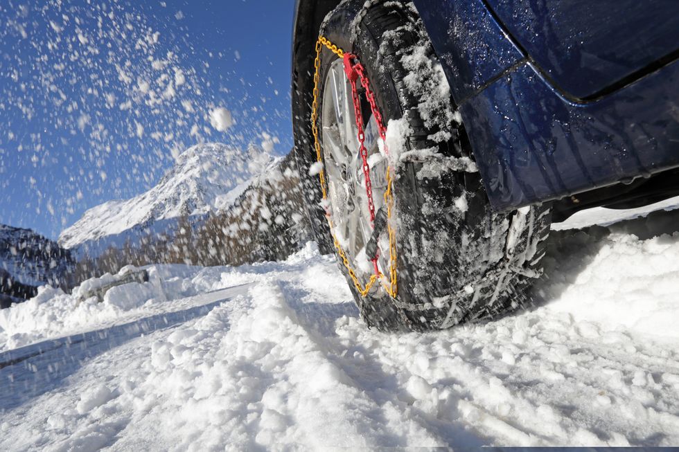snow chains on car tyre