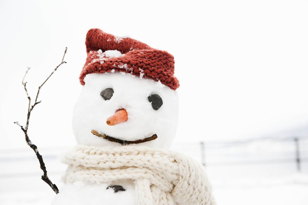 snowman wearing a hat and scarf with a carrot nose and stick arms