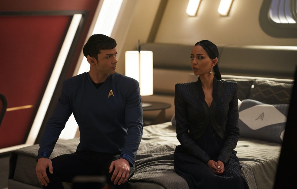 ethan peck as spock and gia sandhu as t'pring of the paramount original series star trek strange new worlds photo cr marni grossmanparamount ©2022 cbs studios all rights reserved