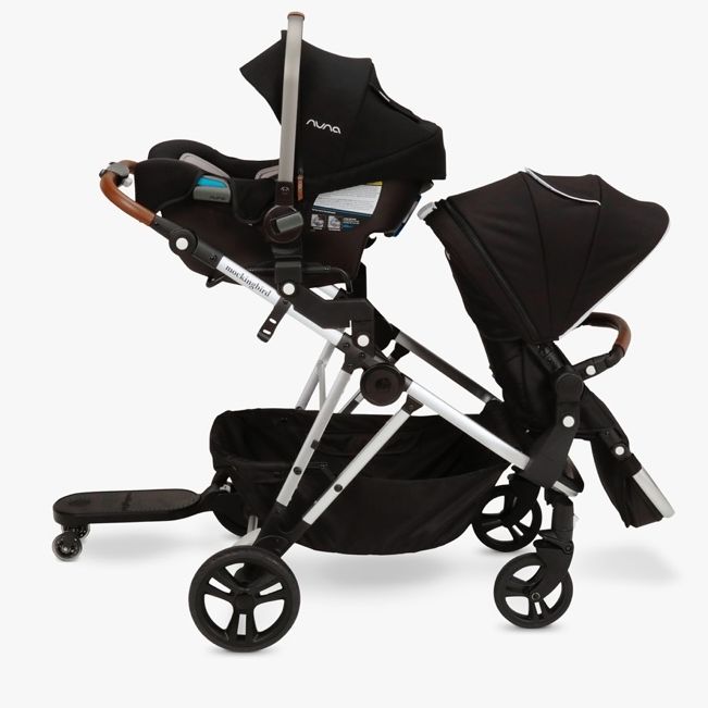 one of many configurations of the mockingbird single to double stroller, this one with a car seat, stroller seat and riding board, part of a good housekeeping review of the mockingbird strollers