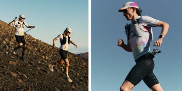 two individuals running on a rocky terrain