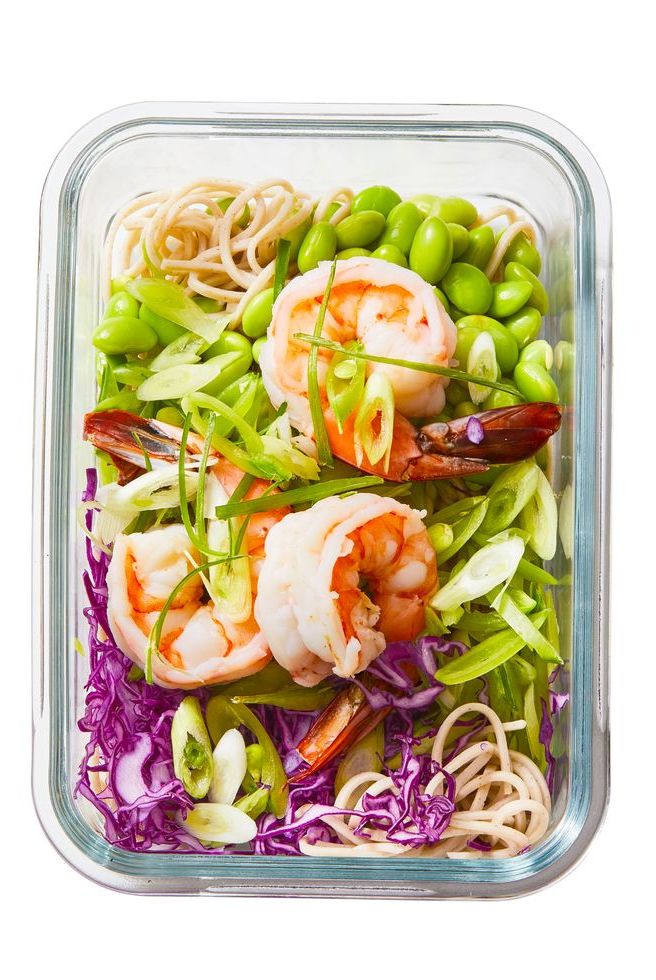 soba noodle salad with shrimp and ginger vinaigrette in glass tupperware
