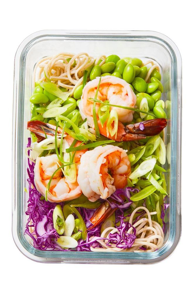 soba noodle salad with shrimp and ginger vinaigrette in a glass container