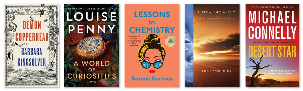 demon copperhead, barbara kingsolver, a world of curiosities, louise penny, lessons in chemistry, bonnie garmus, the passenger, desert star, michael connelly