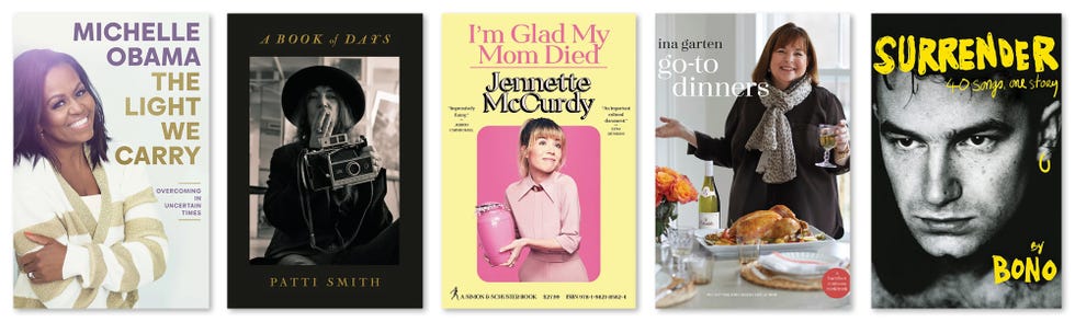 the light we carry, michelle obama, a book of days, patti smith, i’m glad my mom died, jennette mccurdy, go to dinners a barefoot contessa cookbook, ina garten, surrender 40 songs, one story, bono