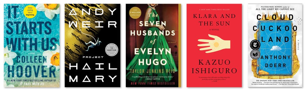 it starts with us, colleen hoover, project hail mary, andy weir, the seven husbands of evelyn hugo, taylor jenkins reid, klara and the sun, cloud cuckoo land, anthony doerr