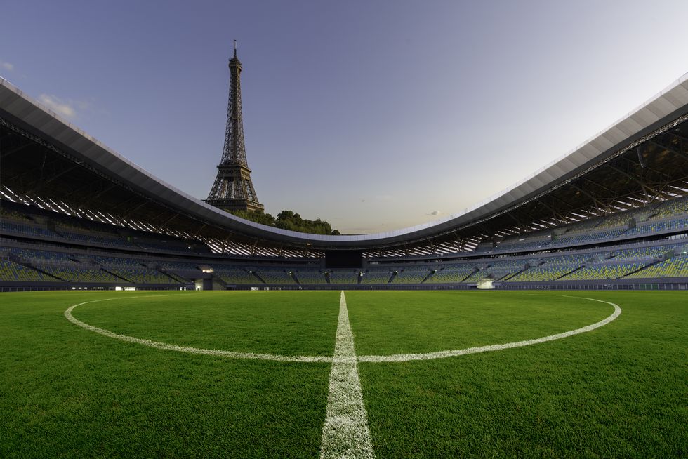 soccer field with eiffel tower