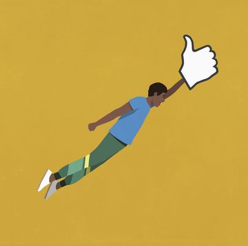 man riding flying social media like button against yellow background