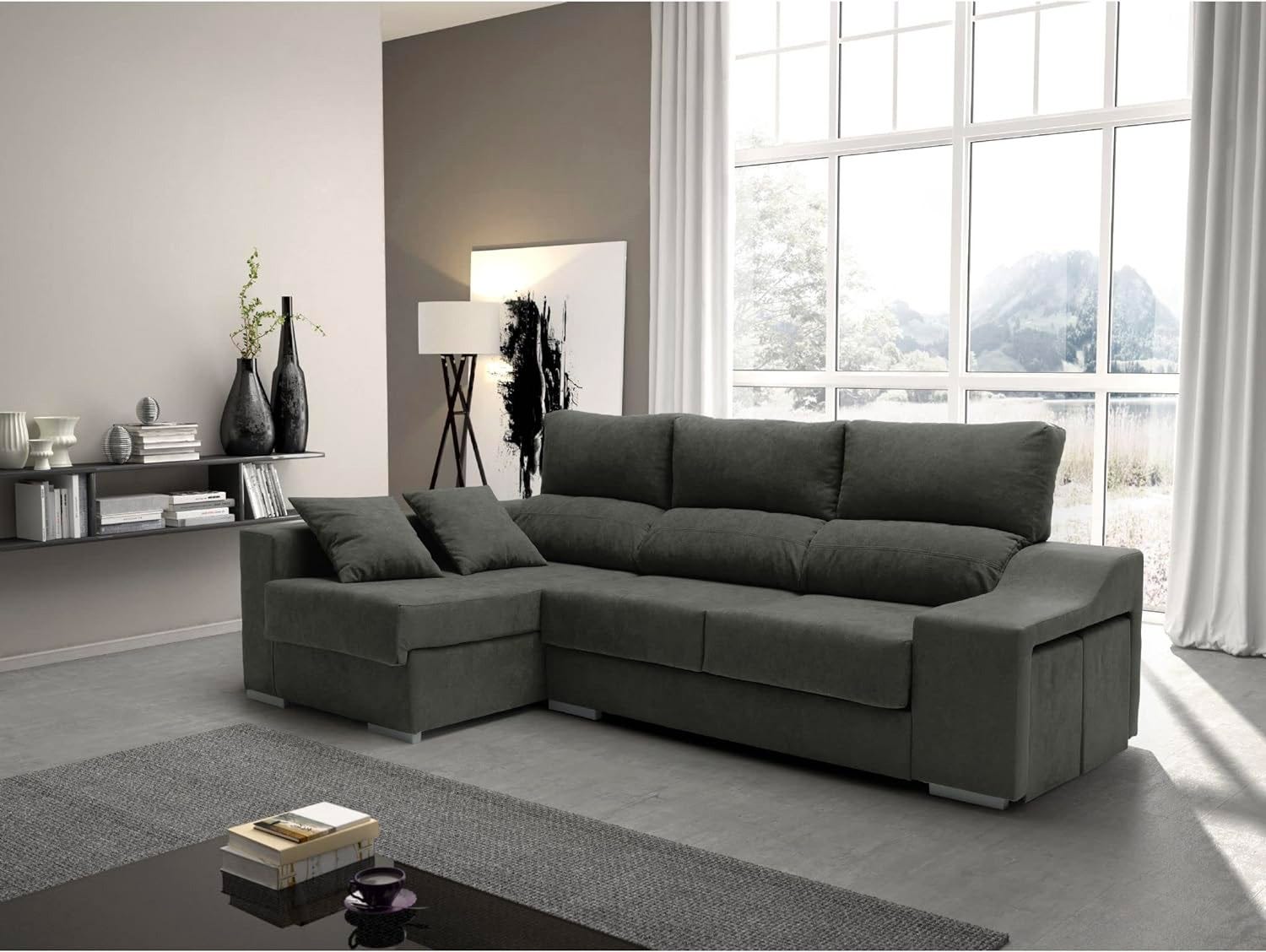 sofá negro con chaise longue loki de 4 plazas