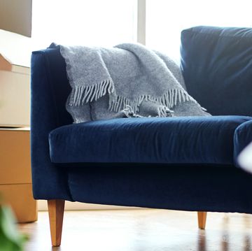 blue velvet sofa in living room with boxes