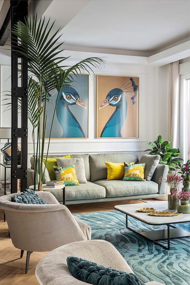 Living room, Room, Interior design, Furniture, Blue, Turquoise, Property, Green, Home, Wall, 