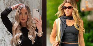 on the left is a selfie taken by molly mae hague and on the right is a pap shot of sofia richie walking down the street in gym clothes