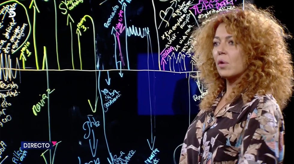 la hija de bárbara rey ante una pizarra en la que ha resumido su vida
