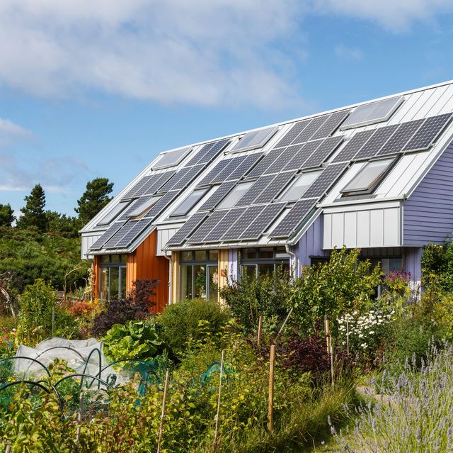 2bnn112 ecological sustainable housing with solar panels findhorn foundation, forres, inverness, scotland, uk, august