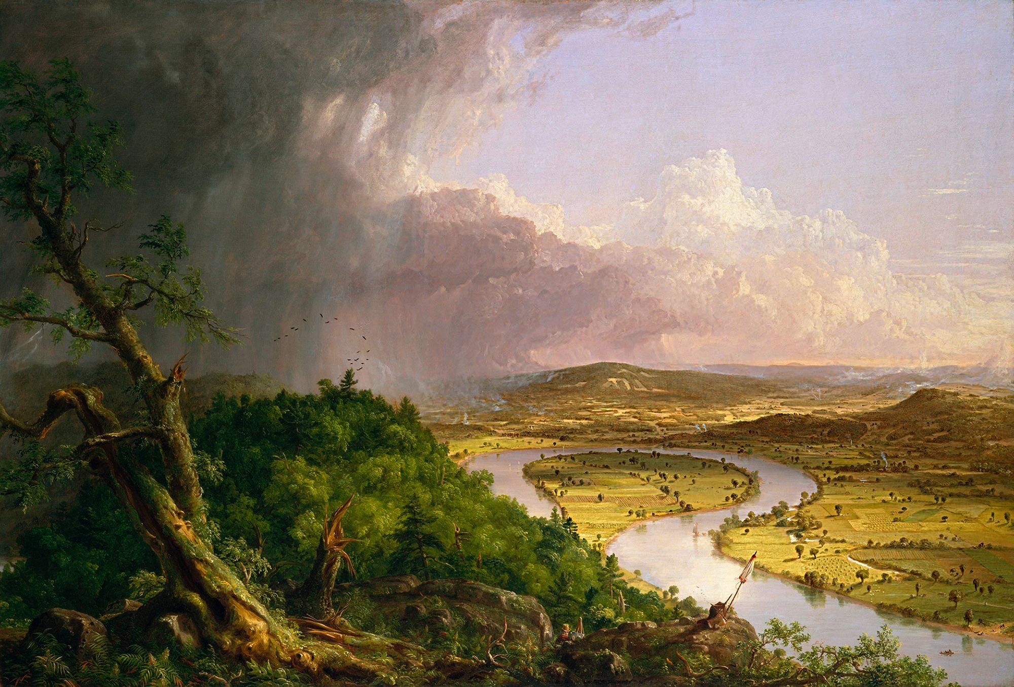 InThe Oxbowlaat de 19deeeuwse schilder Thomas Cole zien hoe bij een rivier in Massachusetts de bomenverdwenen Cole klaagde dat ook het bos rond de Hudson River Valley NY moest wijken voor landbouw
