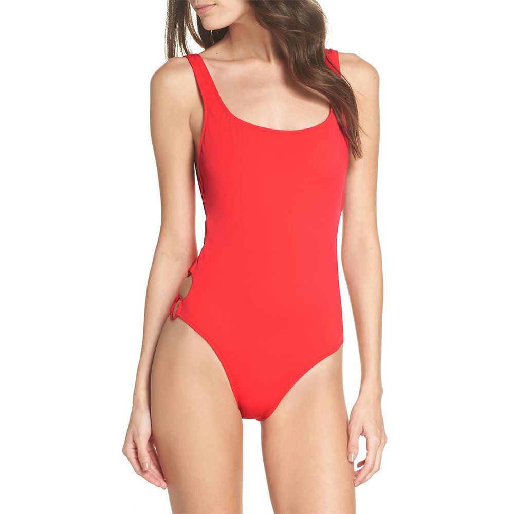 solid and striped red one piece swimsuit