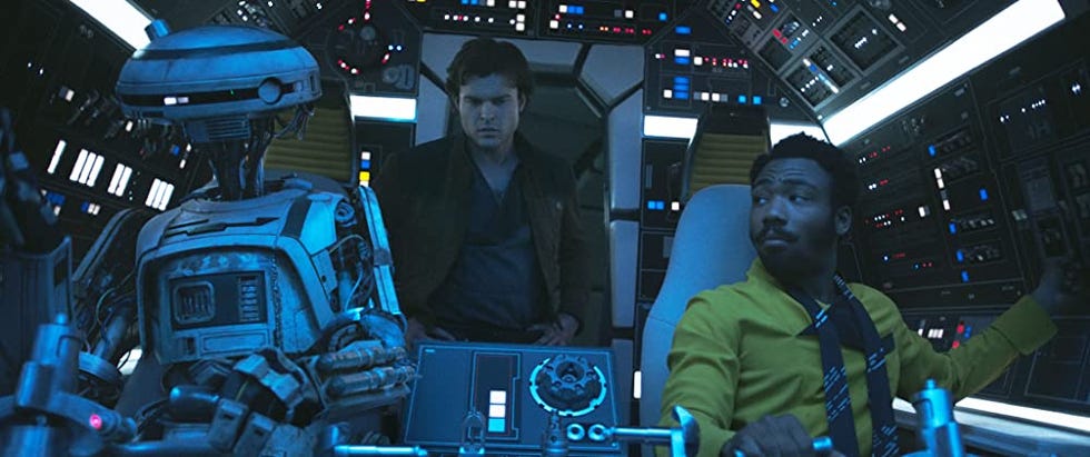 solo a star wars story alden ehrenreich as han solo, donald glover as lando calrissian, phoebe waller bridge as l3 37 aboard the millennium falcon