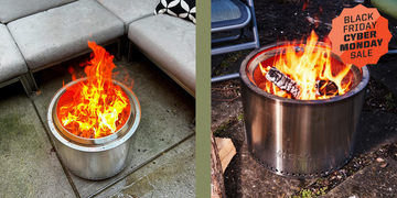 fire burning in a metal fire pit with a promotional banner for black friday and cyber monday sales