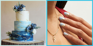 Blue, Nail, Turquoise, Hand, Finger, Wedding cake, Cake, Wedding ceremony supply, Fashion accessory, Plant, 