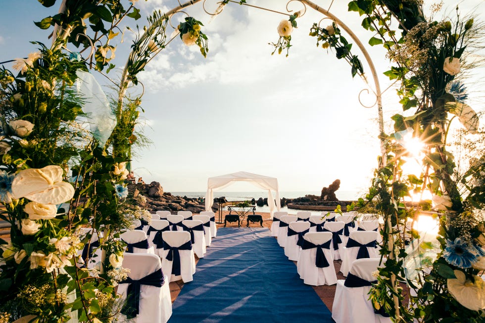 chairs covered in white with navy bows set up on both sides of the wedding aisled, which has a long dark navy runner up to the altar