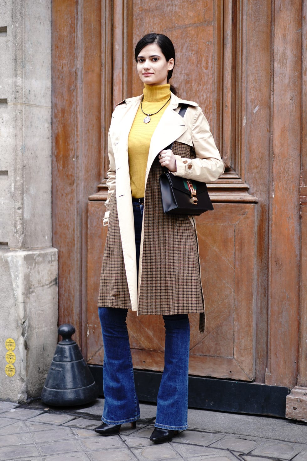 Clothing, Street fashion, Fashion, Snapshot, Coat, Yellow, Standing, Outerwear, Trench coat, Footwear, 