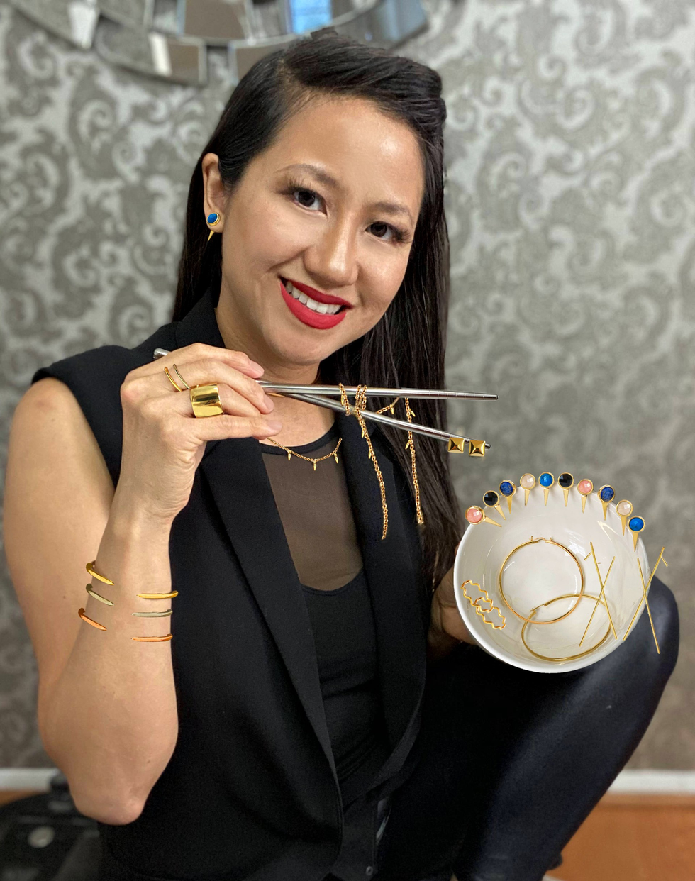 founder sonia hou displaying jewelry