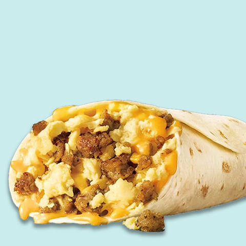 sonic jr sausage, egg and cheese breakfast burrito on a blue background