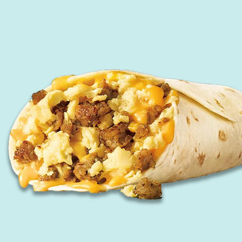 sonic jr sausage, egg and cheese breakfast burrito on a blue background