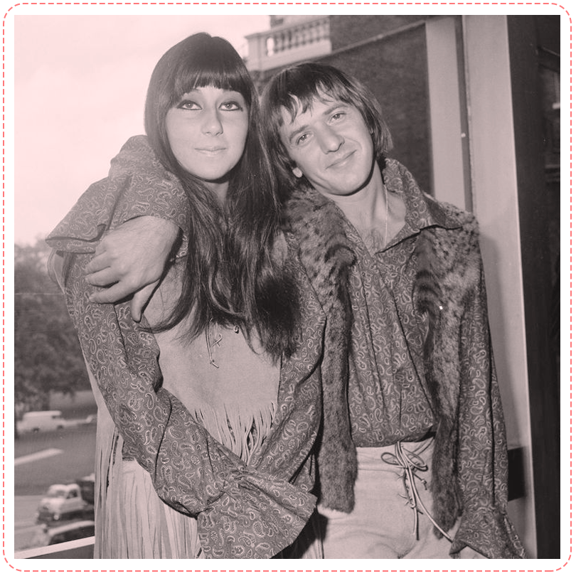 sonny bono puts his arm around cher outside london’s hilton hotel in 1965