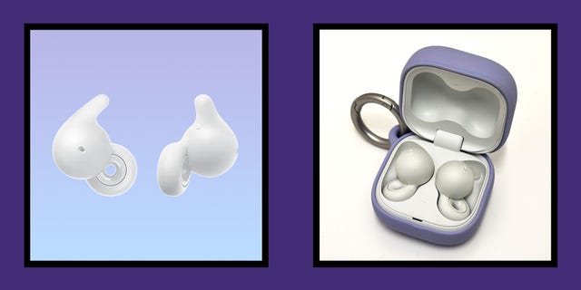 white sony linkbuds open headphones in a purple charging case on the right, and without a case on the left