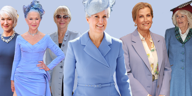 group of women dressed in various formal outfits with a focus on blue tones